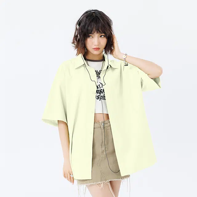 新世家族 青少年簿款美式夏季潮牌翻领百搭休闲短袖衬衫 女款
