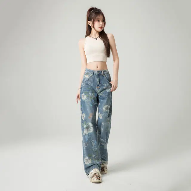 新世家族 花卉水洗做旧弯刀裤高腰宽松直筒裤时尚百搭牛仔裤 女款 蓝色