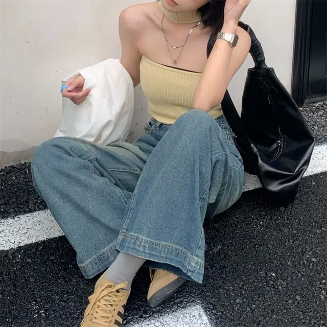 新世家族 阔腿裤高腰水洗磨白直筒宽松垂感拖地长裤牛仔裤 女款 复古蓝