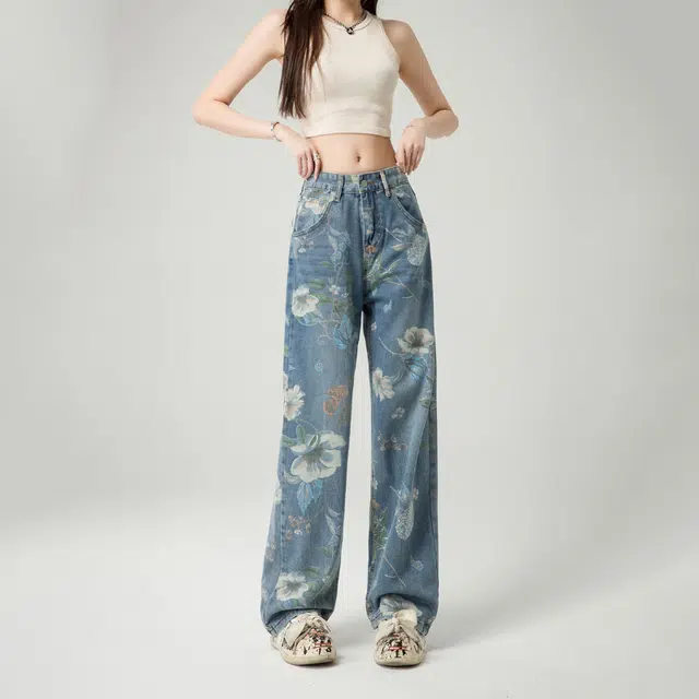新世家族 花卉水洗做旧弯刀裤高腰宽松直筒裤时尚百搭牛仔裤 女款 蓝色