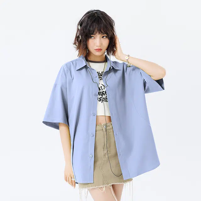 新世家族 青少年簿款美式夏季潮牌翻领百搭休闲短袖衬衫 女款