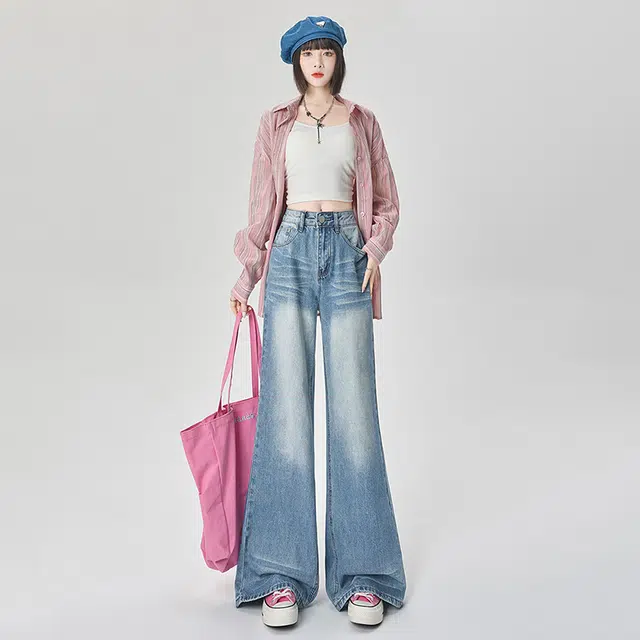 新世家族 微喇美式复古宽松时尚百搭垂感拖地长裤牛仔裤 女款