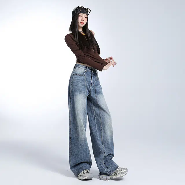 新世家族 美式做旧磨白微喇裤时尚百搭出游拍照女春秋高腰显瘦高个子加长显瘦拖地长裤阔腿裤牛仔裤 女款