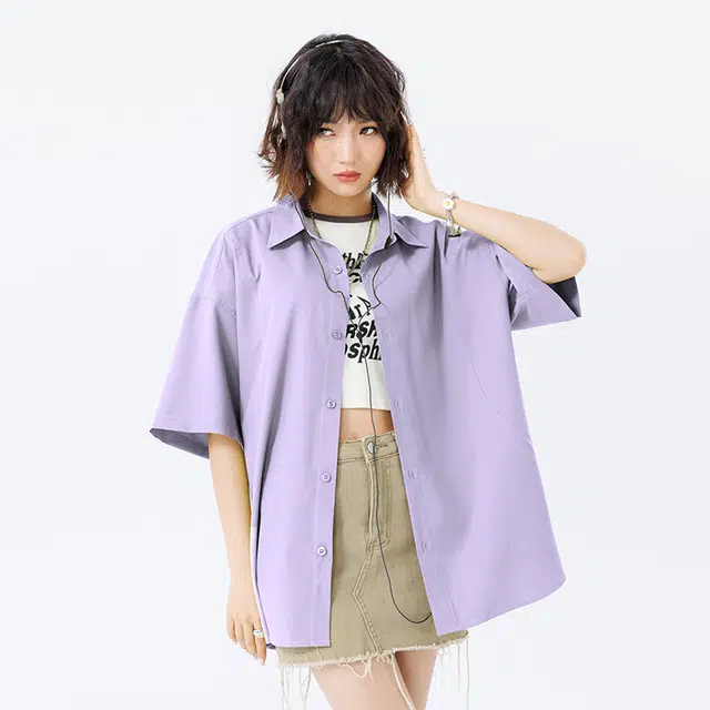 新世家族 青少年簿款美式夏季潮牌翻领百搭休闲短袖衬衫 女款