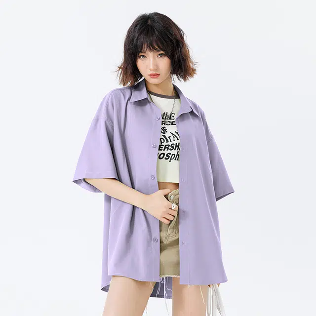 新世家族 青少年簿款美式夏季潮牌翻领百搭休闲短袖衬衫 女款