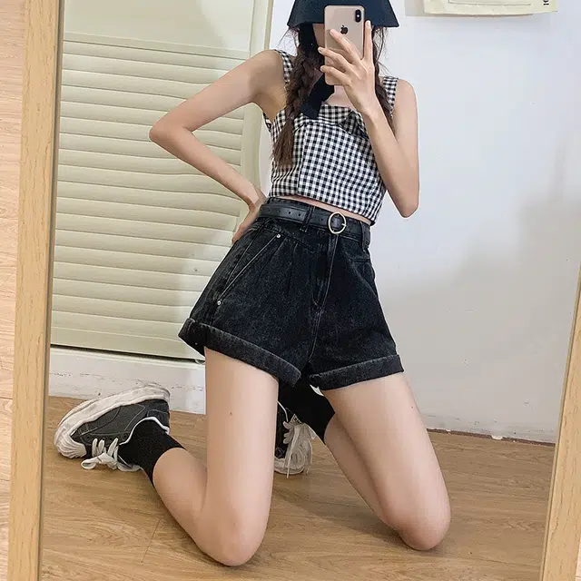 新世家族 高腰卷边宽松阔腿简约时尚百搭牛仔短裤 女款