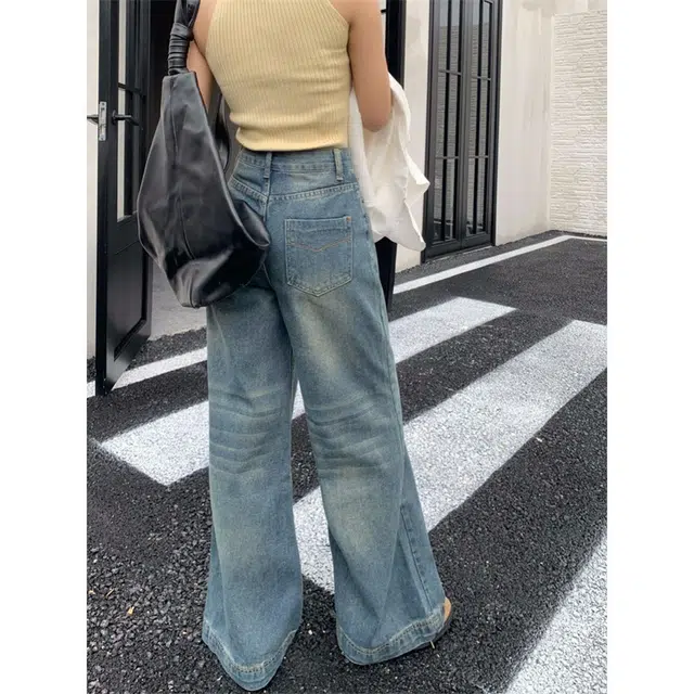 新世家族 阔腿裤高腰水洗磨白直筒宽松垂感拖地长裤牛仔裤 女款 复古蓝