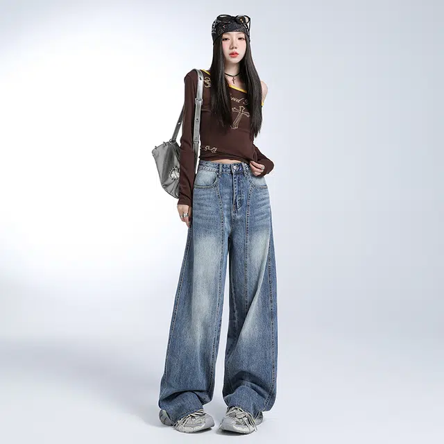 新世家族 美式做旧磨白微喇裤时尚百搭出游拍照女春秋高腰显瘦高个子加长显瘦拖地长裤阔腿裤牛仔裤 女款
