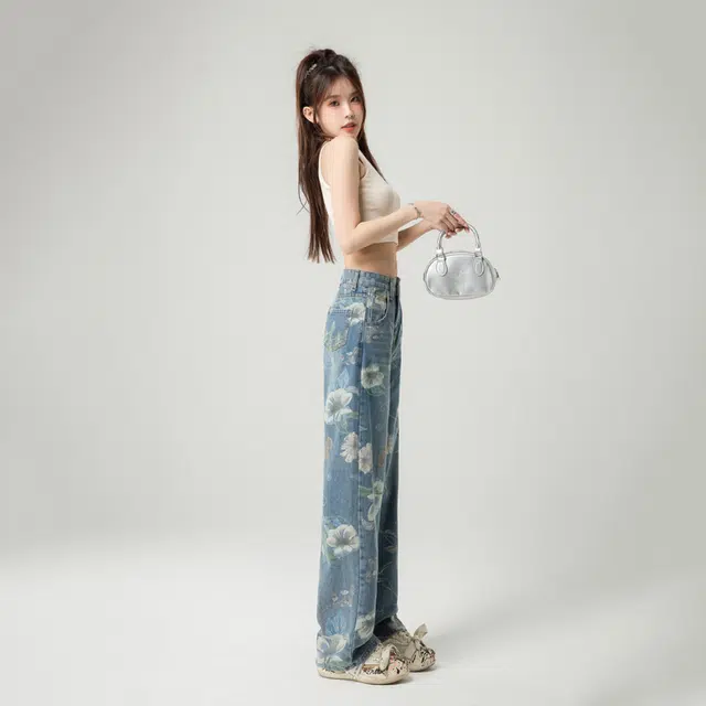 新世家族 花卉水洗做旧弯刀裤高腰宽松直筒裤时尚百搭牛仔裤 女款 蓝色