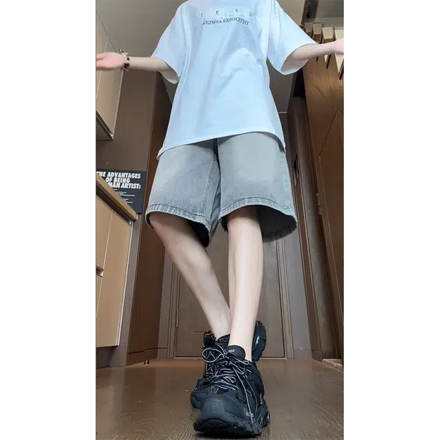 新世家族 美式潮牌高街复古磨白水洗做旧嘻哈街头设计休闲宽松直筒阔腿百搭潮流痞帅垂感五分牛仔短裤 女款