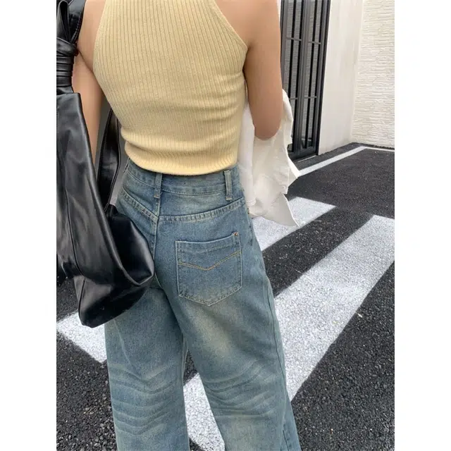 新世家族 阔腿裤高腰水洗磨白直筒宽松垂感拖地长裤牛仔裤 女款 复古蓝