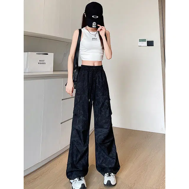 新世家族 美式复古高街潮流创意扎染拼接口袋工艺日常百搭通勤时尚宽松透气亲肤舒适垂感休闲裤工装裤 女款