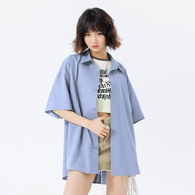 新世家族 青少年簿款美式夏季潮牌翻领百搭休闲短袖衬衫 女款