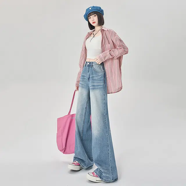 新世家族 微喇美式复古宽松时尚百搭垂感拖地长裤牛仔裤 女款