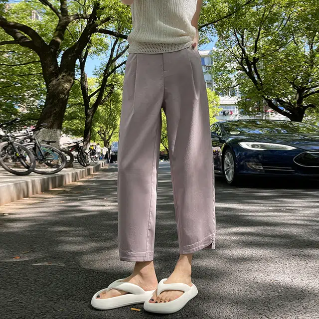 新世家族 亲肤透气工字褶百搭舒适薄款设计感凉感萝卜哈伦裤弧形剪裁侧开叉茧形裤九分高腰垂感宽松时尚显腿长休闲裤 女款