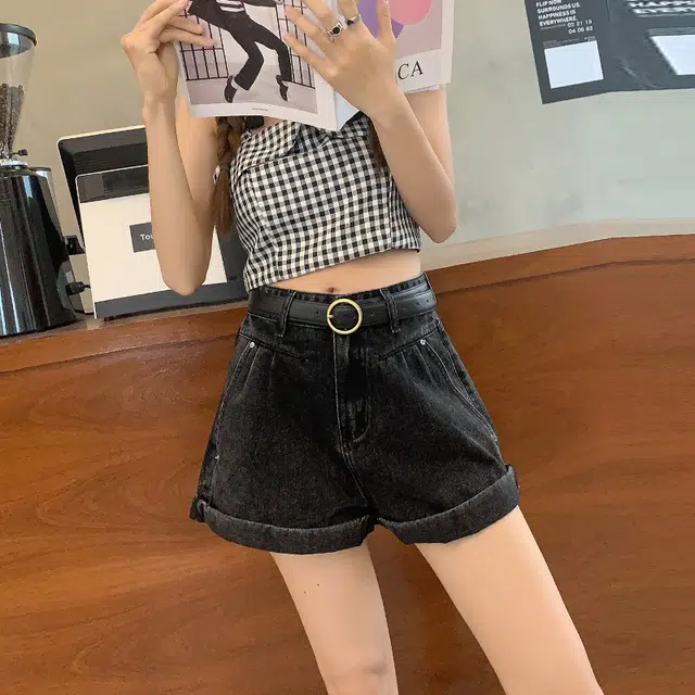 新世家族 高腰卷边宽松阔腿简约时尚百搭牛仔短裤 女款
