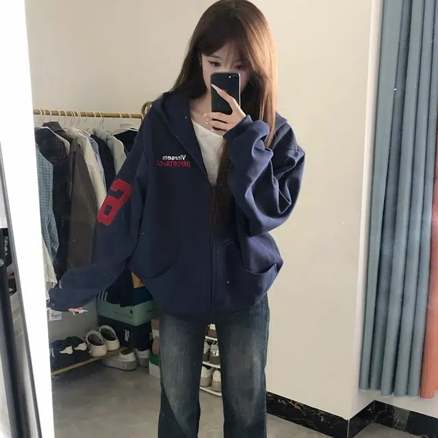 寻星记 美式复古刺绣连帽开衫时尚百搭舒适外套上衣 男女同款