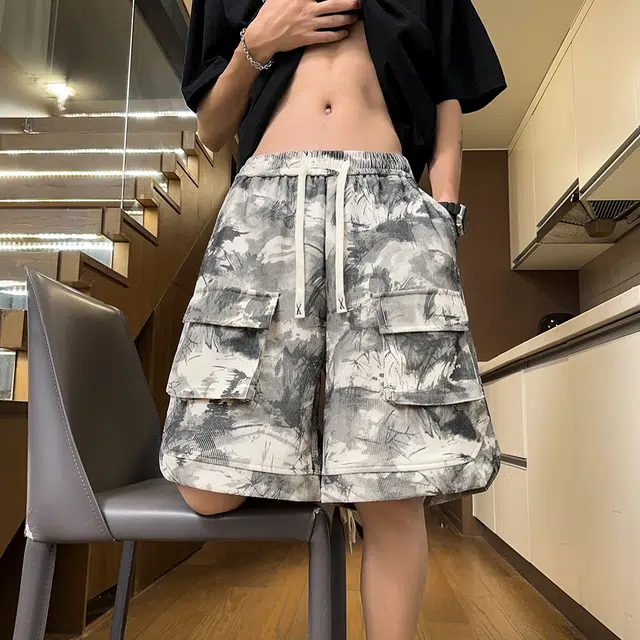 诗丹帝国 美式扎染工装裤高腰裤子大口袋五分裤潮牌休闲短裤 男款