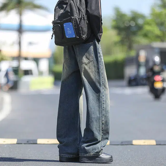 诗丹帝国 美式复古高街早秋穿搭水洗做旧纯色大码宽松百搭直筒休闲弯刀牛仔裤 男女同款