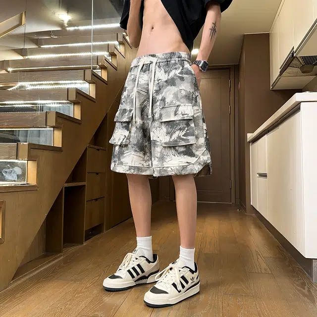 诗丹帝国 美式扎染工装裤高腰裤子大口袋五分裤潮牌休闲短裤 男款