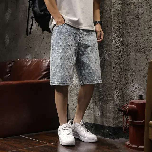 路杰邦 直筒宽松潮牌美式复古纯棉舒适透气五分裤子百搭时尚休闲中裤牛仔短裤 男款