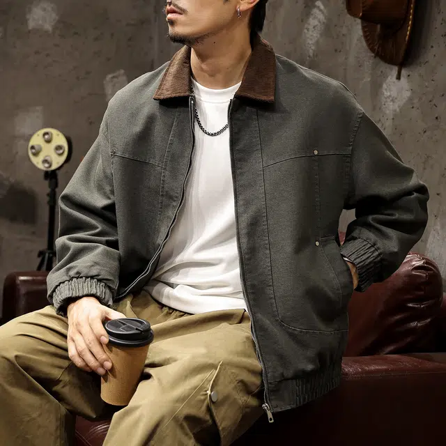 路杰邦 美式复古潮牌巴恩风夹男士春秋翻领拼色痞帅宽松工装外套男夹克 男款