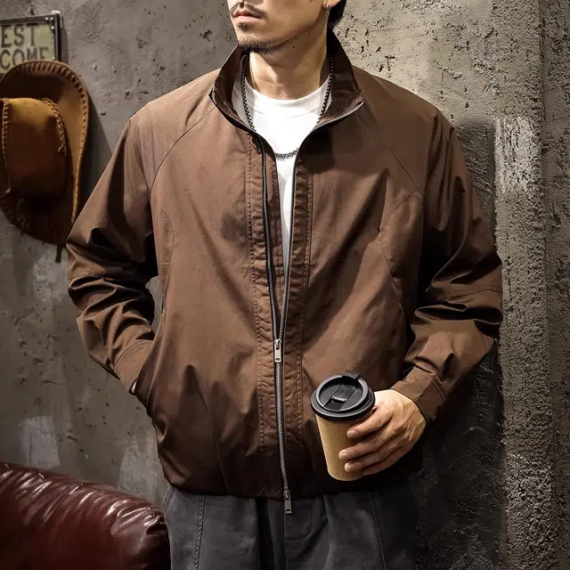 路杰邦 美式复古工装外套男秋季宽松立领休闲咖色防风机车潮牌夹克 男款