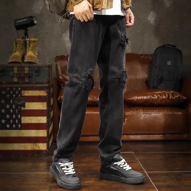 路杰邦  黑色破洞休闲直筒裤男秋季修身时尚百搭显瘦潮牌美式小脚长裤子牛仔裤 男款