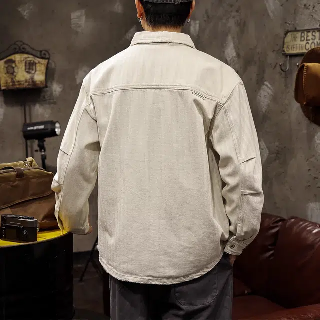 路杰邦 高级感灰白色衬衫男春秋潮牌美式复古破洞工装夹克宽松外牛仔外套 男款