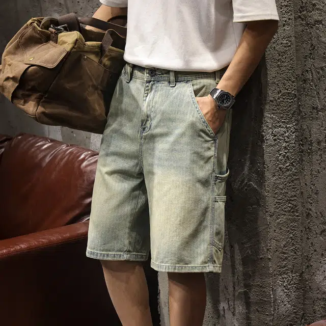 路杰邦 基础款水洗做旧美式街头潮流夏季薄款透气通勤户外舒适百搭宽松阔腿直筒五分中腰工装牛仔短裤 男款