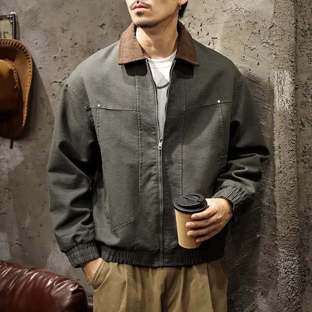 路杰邦 美式复古潮牌巴恩风夹男士春秋翻领拼色痞帅宽松工装外套男夹克 男款