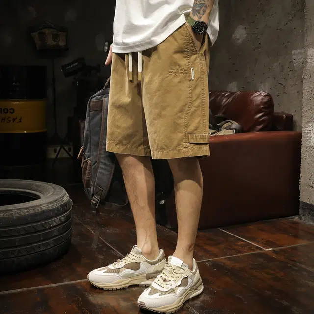 路杰邦 美式潮牌大口袋工装宽松直筒垂感纯色简约运动跑步舒适亲肤透气系带时尚百搭复古字母五分休闲短裤 男款