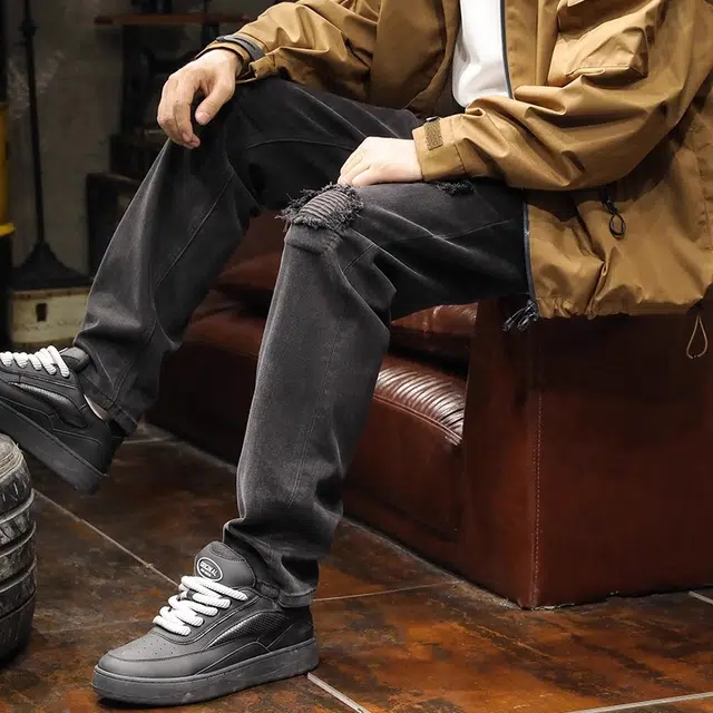 路杰邦  黑色破洞休闲直筒裤男秋季修身时尚百搭显瘦潮牌美式小脚长裤子牛仔裤 男款