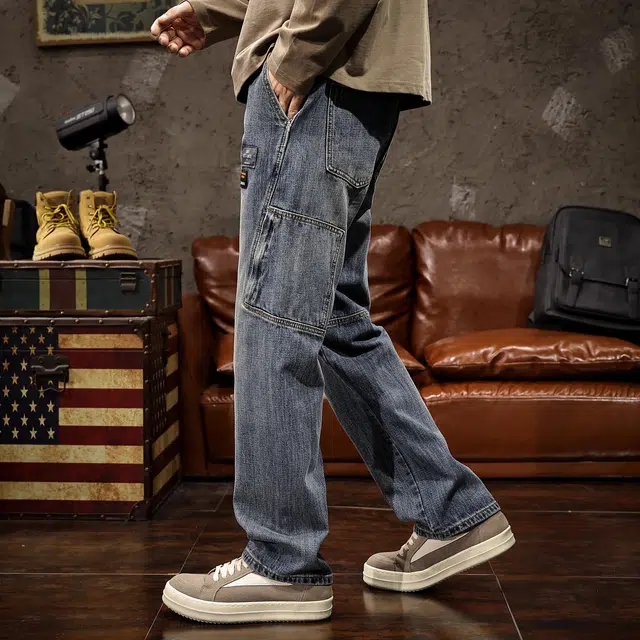 路杰邦 美式高街潮牌复古街头痞帅嘻哈宽松百搭直筒阔腿裤工装牛仔裤 男款
