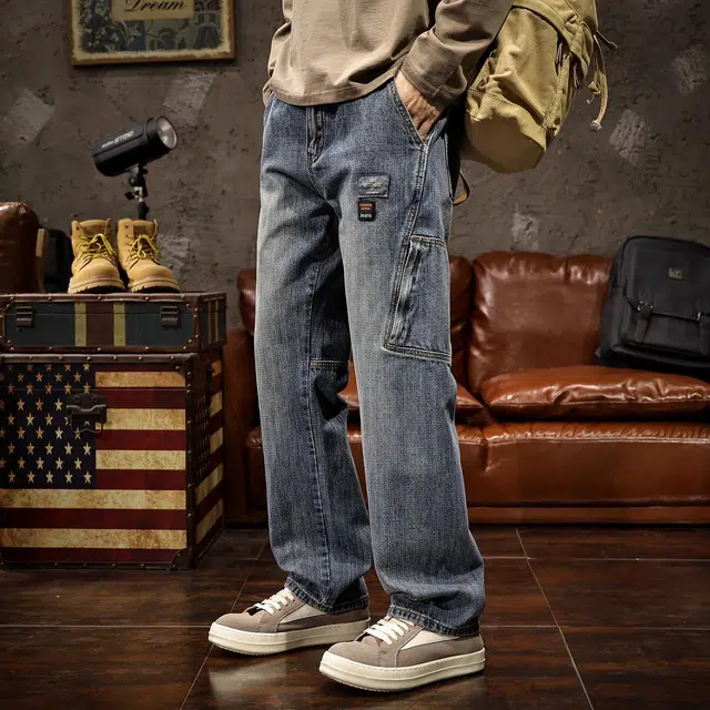 路杰邦 美式高街潮牌复古街头痞帅嘻哈宽松百搭直筒阔腿裤工装牛仔裤 男款