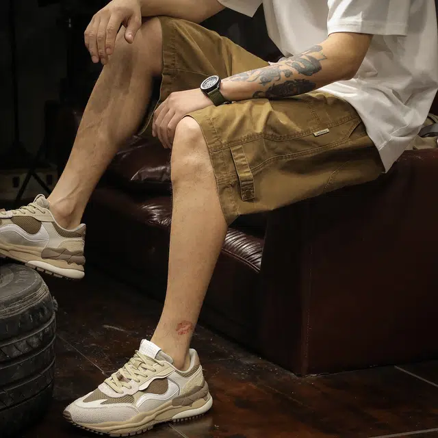 路杰邦 美式潮牌大口袋工装宽松直筒垂感纯色简约运动跑步舒适亲肤透气系带时尚百搭复古字母五分休闲短裤 男款