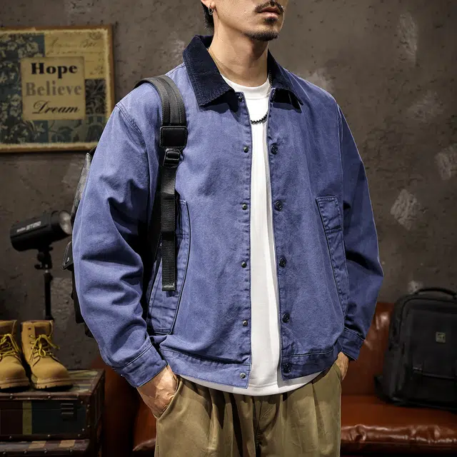 路杰邦 高密纯棉美式复古巴恩风工装男士春秋潮牌宽松撞色翻领男夹克外套 男款