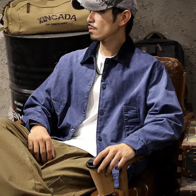 路杰邦 高密纯棉美式复古巴恩风工装男士春秋潮牌宽松撞色翻领男夹克外套 男款