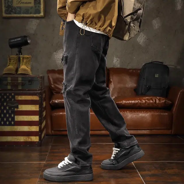 路杰邦  黑色破洞休闲直筒裤男秋季修身时尚百搭显瘦潮牌美式小脚长裤子牛仔裤 男款