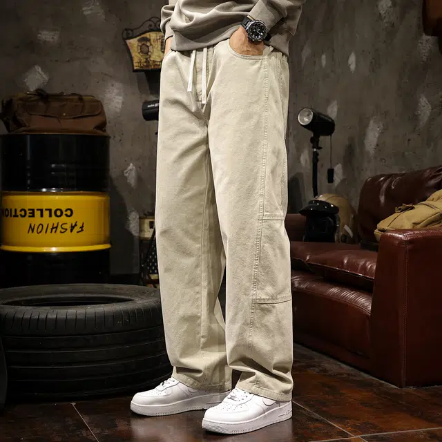 路杰邦  美式高端拼接工装裤男秋季米白色纯棉舒适百搭时尚潮流高街宽松直筒阔腿加长男生休闲裤 男女同款