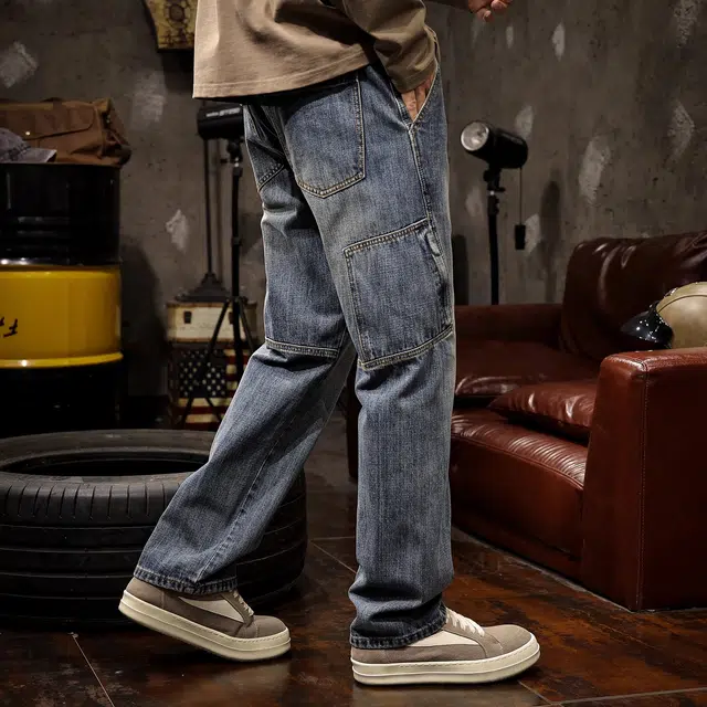 路杰邦 美式高街潮牌复古街头痞帅嘻哈宽松百搭直筒阔腿裤工装牛仔裤 男款