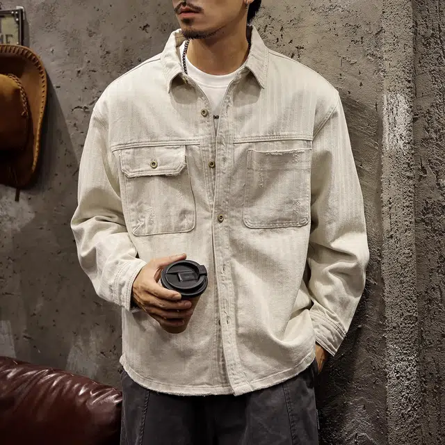 路杰邦 高级感灰白色衬衫男春秋潮牌美式复古破洞工装夹克宽松外牛仔外套 男款