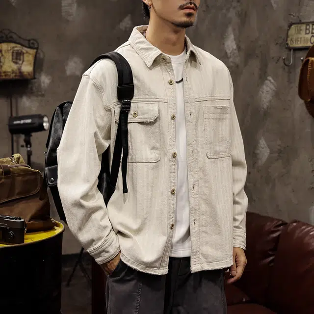 路杰邦 高级感灰白色衬衫男春秋潮牌美式复古破洞工装夹克宽松外牛仔外套 男款