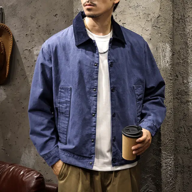 路杰邦 高密纯棉美式复古巴恩风工装男士春秋潮牌宽松撞色翻领男夹克外套 男款