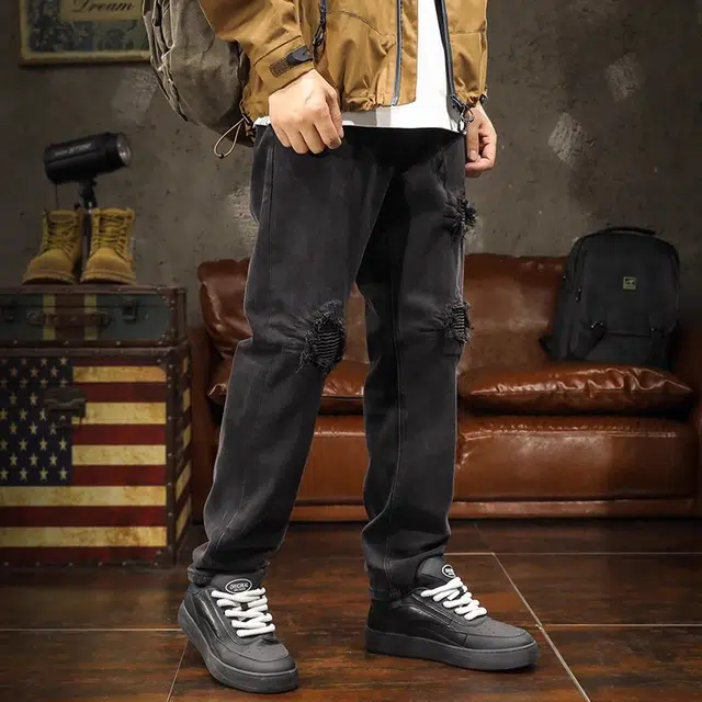 路杰邦  黑色破洞休闲直筒裤男秋季修身时尚百搭显瘦潮牌美式小脚长裤子牛仔裤 男款