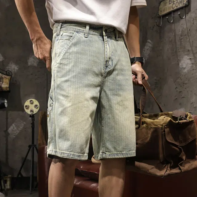 路杰邦 基础款水洗做旧美式街头潮流夏季薄款透气通勤户外舒适百搭宽松阔腿直筒五分中腰工装牛仔短裤 男款