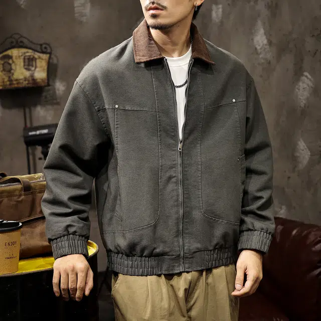 路杰邦 美式复古潮牌巴恩风夹男士春秋翻领拼色痞帅宽松工装外套男夹克 男款
