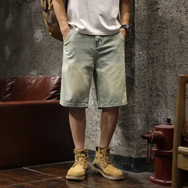 路杰邦 基础款水洗做旧美式街头潮流夏季薄款透气通勤户外舒适百搭宽松阔腿直筒五分中腰工装牛仔短裤 男款