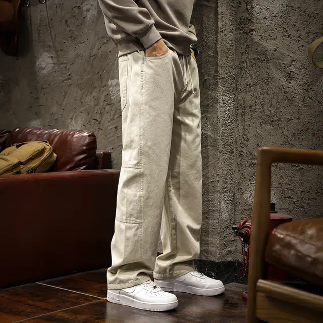 路杰邦  美式高端拼接工装裤男秋季米白色纯棉舒适百搭时尚潮流高街宽松直筒阔腿加长男生休闲裤 男女同款
