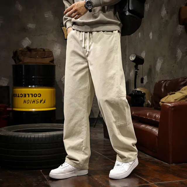 路杰邦  美式高端拼接工装裤男秋季米白色纯棉舒适百搭时尚潮流高街宽松直筒阔腿加长男生休闲裤 男女同款